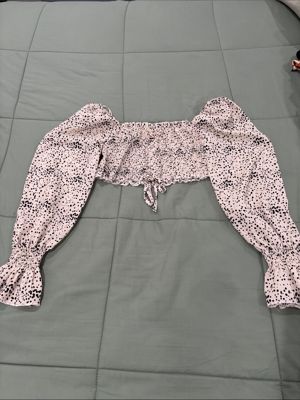 Smocked Off-Shoulder Crop Top in Cream Dalmatian Print